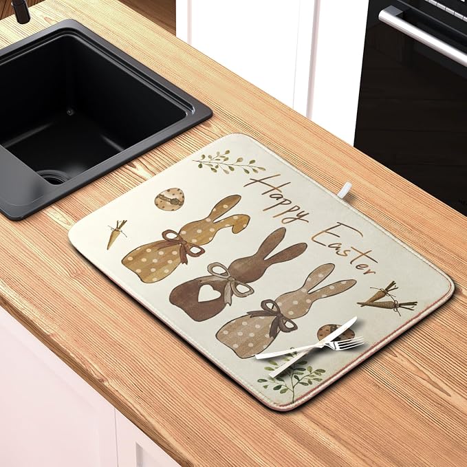 Happy Easter Bunny Dish Drying Mat Rabbits Egg Carrot Dish Pad for Kitchen Counter 16x18 Inch Microfiber Absorbent Spring Bufflao Plaid Dish Draining Mat Reusable Washable Dish Drainer Rack Mat