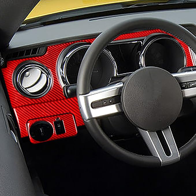 Red Real Carbon Fiber Trim for Ford Mustang Accessories | for GT Shelby 2005 2006 2007 2008 2009 Instrument Cluster Panel Central Console Kit Cover Interior Thick Overlay Decal 6PCs
