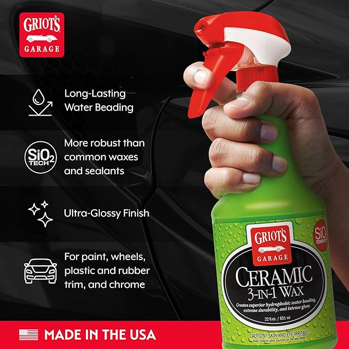 Griot’s Garage Ceramic 3-in-1 Wax, SiO2 Spray for Cars, Trucks, and RV’s, Provides Protection and Water Beading on Paint, Wheels, Plastic, Rubber Trim, Chrome, and More, 10978, 22 oz