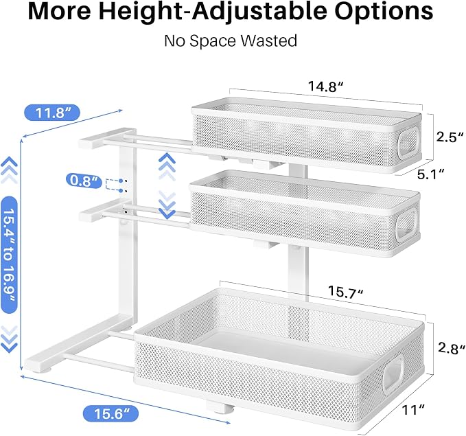 Under Sink Organizer, 3-Tier Thickened Metal Pull out Cabinet Organizer Shelf, Height Adjustable Slide out Storage Drawer Rack for Kitchen Bathroom Pantry Laundry Home Organization, 1-Pack, White | 35% Extra Storage Capacity, Carbon Steel, Hold Up 55lb...