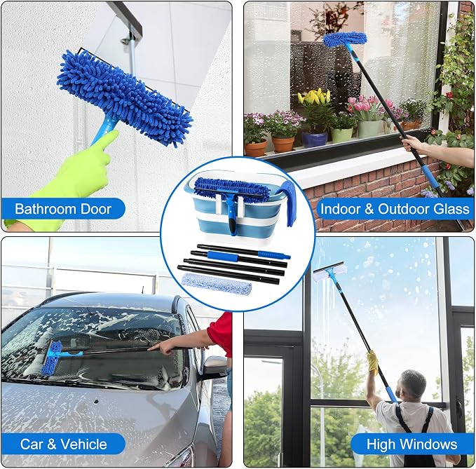Window Cleaning Kit with Collapsible Bucket 4.2 Gallon, Professional 69" Window Squeegee Cleaner Tool with Extension Pole, Window Washing Equipment Cleaner Tool for Home Outdoor Commercial Use