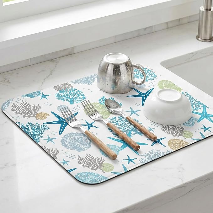 Summer Coastal Shell Dish Drying Mat for Kitchen Counter Sink, Blue Absorbent Microfiber Drying Pad, Reversible Beach Decor Countertop Mat