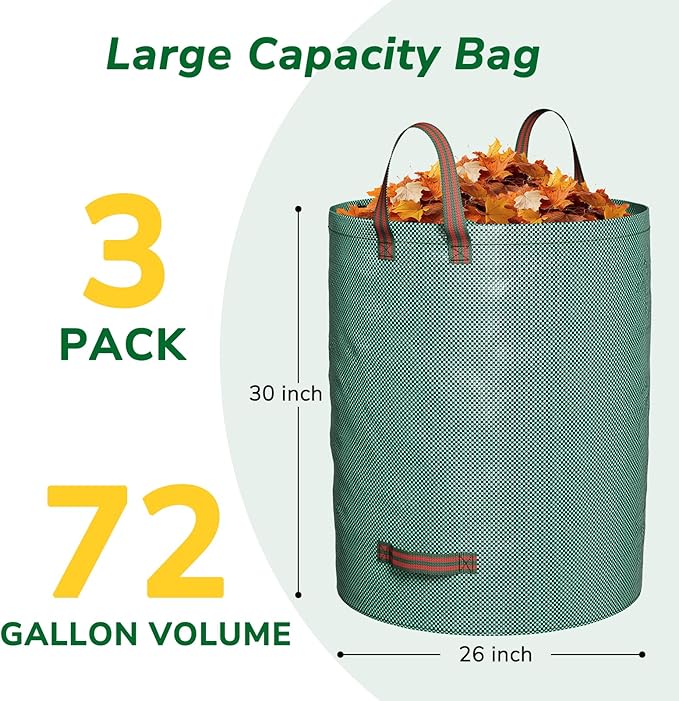 GreatBuddy 72 Gallon Leaf Bags Reusable 3 Pack, Heavy Duty Collapsible Lawn and Leaf Bag, Self-Standing with Top & Bottom Handles, PP Waterproof Yard Waste Bags for Leaves Grass Clippings Debris
