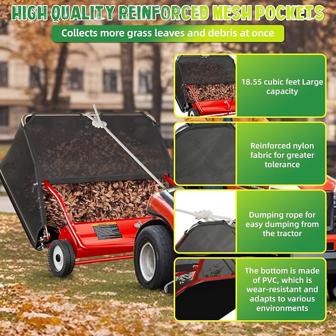 42" Lawn Sweeper Tow Behind, Pull Behind Lawn Sweeper with 18.55 cu. ft Large Hopper, Heavy Duty Leaf & Grass Collector, Adjustable Brush Height Lever and Dumping Rope, Lawn and Yard Cleanup Tool