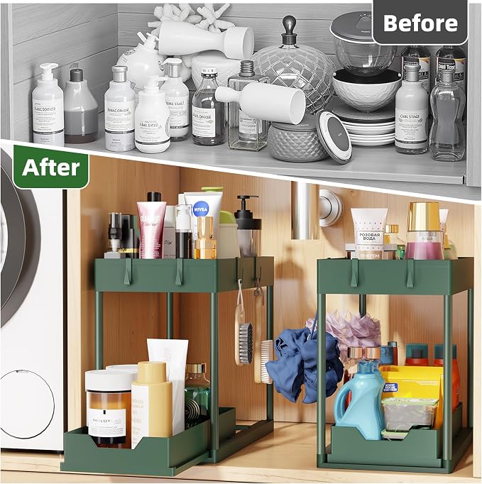 Simple Trending Under Sink Organizer 2 Pack, Sink Pull-Out Sliding Storage Cabinet, 2-Tier Under Shelf Organizer for Kitchen Bathroom, Green