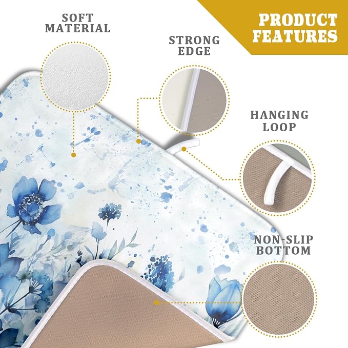 Giwawa Blue Floral Dish Drying Mat for Kitchen Counter Watercolor Leaves Dishes Drainer Rack Mat Absorbent Microfiber Dish Draining Pad 16x18 Inch