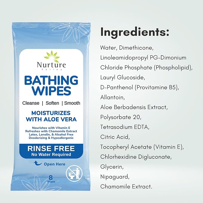 Nurture Rinse Free Bathing Disposable Adult Wipes w/Aloe - Waterless Care | 64 Wipes Waterless Cleansing Disposable Adult Body Bath Wet Wipes for Sensitive Dry Skin, Disabled & Bedridden Care Washcloth
