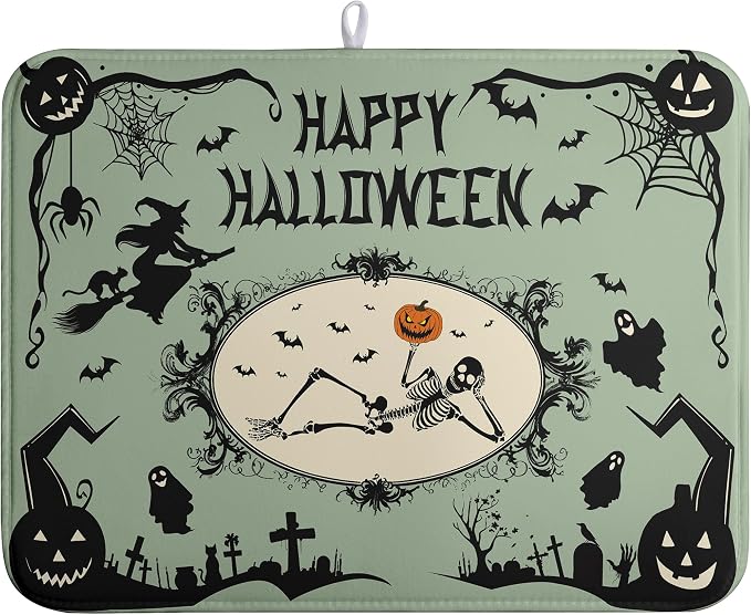 Happy Halloween Dish Drying Mat for Kitchen Counter 18x24 Skull Pumpkin Witch Spider Web Bat Ghost Drying Mats Green Black Absorbent Microfiber Dish Drainer Rack Pad for Coffee Bar