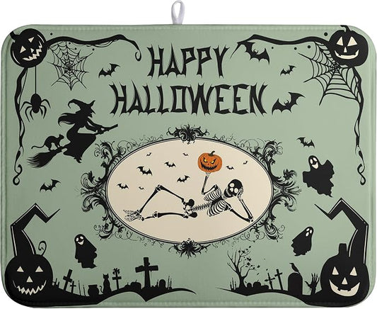 Happy Halloween Dish Drying Mat for Kitchen Counter 18x24 Skull Pumpkin Witch Spider Web Bat Ghost Drying Mats Green Black Absorbent Microfiber Dish Drainer Rack Pad for Coffee Bar