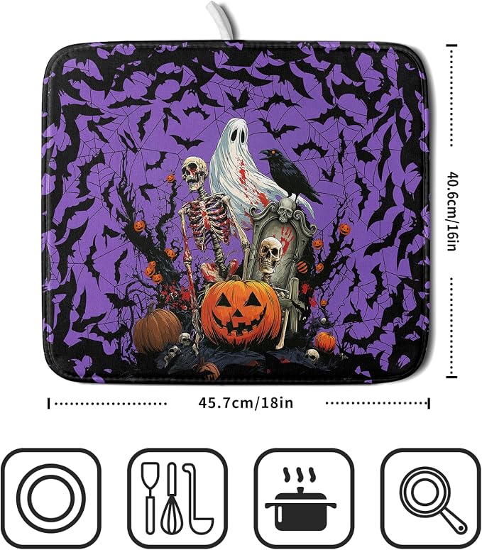 Giwawa Halloween Pumpkin Dish Drying Mat 16x18 inch Spooky Ghost Bat Dish Rack Mats Microfiber Draining Pad Fast Dry Holiday Kitchen Accessories