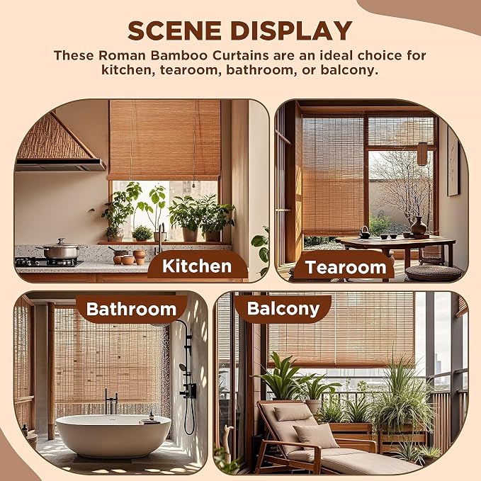 Bamboo Blinds for Interior Windows, 48"W X 63"H Bamboo Roller Shades Indoor | Roll Up Shades Light Filtering for Outdoor Patio, Decks, Porch, Backyards Natural Bamboo Material, Easy to install