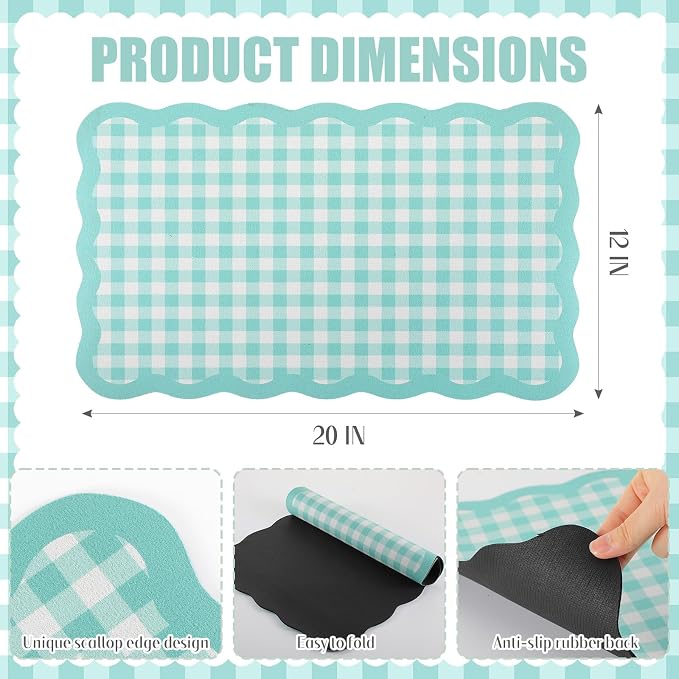 Scalloped Gingham Coffee Mat 12" x 20" Absorbent Coffee Bar Mat Gingham Espresso Matt for Counter(Blue)