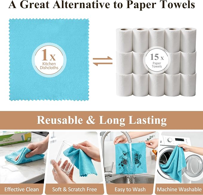 30 Pack Microfiber Cleaning Cloths, Dish Towels for Kitchen, Cleaning Rags for Car, Window, Bathroom, Household, Ultra Absorbent Cleaning Supplies Lint Free Streak Free, Reusable & Washable (Blue)