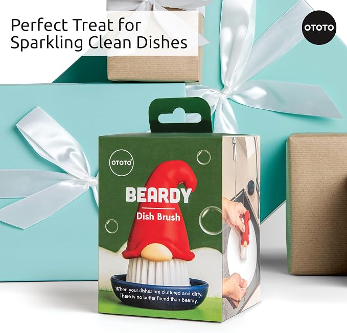 OTOTO Gnome Dish Brush with Handle - Cleaning Brush, Vegetable Brush, Dish Scrub, Gnome Handle, Unique Kitchen Gadgets, Funny Kitchen Tools, Useful Gifts for Women (Beardy Red)