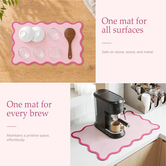 Scalloped Dish Drying Mat for Kitchen Counter, Absorbent Easy Clean Non-slip Coffee Bar Station Accessories, Trendy Cute Aesthetic Modern Drainer Kitchen Drying Mat, Pink 15" x 24"