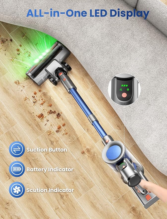 Dzaki Cordless Stick Vacuum Cleaner, 650W 55KPa Brushless Motor, 60-Min Runtime, Detachable Battery, Anti-Tangle, Self-Standing, Vacuum Cleaners for Home, Pet Hair, Carpet & Hardwood Floors