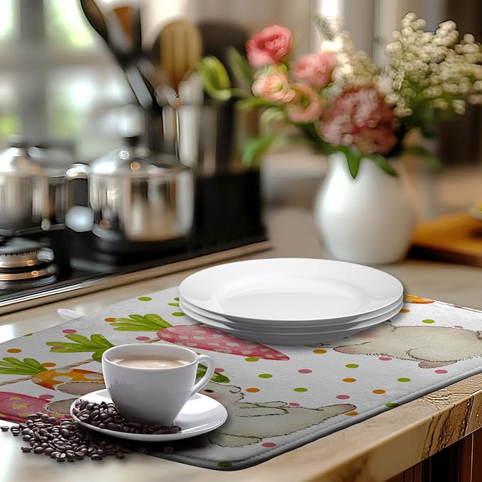 Easter Spring Dish Drying Mats Cute Bunny Dish Mat Easter colorful Carrots Drying Matt Dishes Dryer Pad for Kitchen Counter Absorbent Microfiber Washable Foldable Reusable 18x24 in