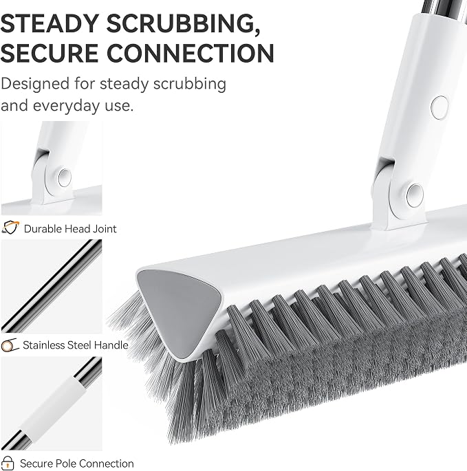 Scrub Brush with Long Handle, Extends to 55 in, Pivoting Triangle Head | Dual-direction stiff bristles work on push and pull strokes for bathtub, shower, tile, grout, patio and concrete