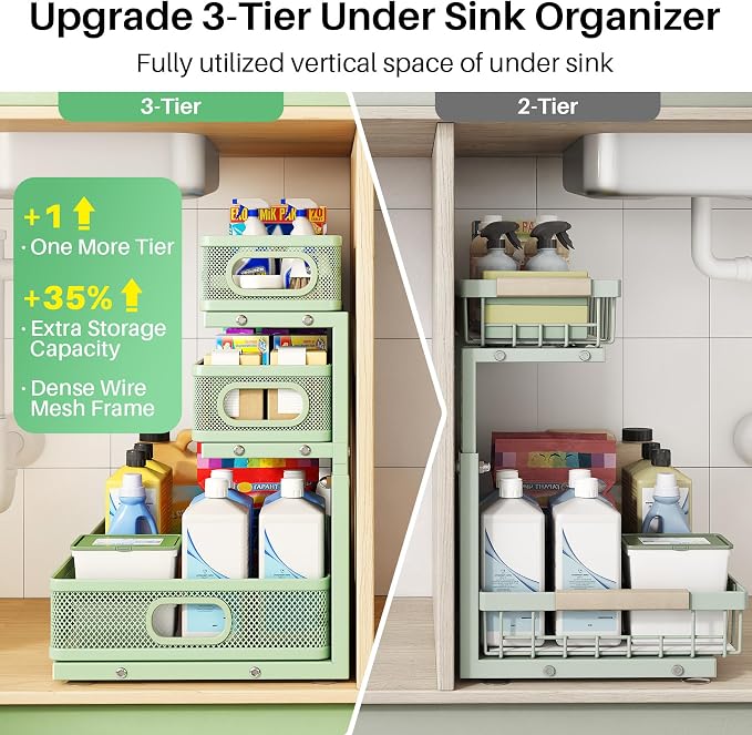 Kitstorack Under Sink Organizer, 1-Pack 3-Tier Height Adjustable Thickened Metal Pull out Cabinet Organizer Shelf, Slide out Storage Drawer Rack for Bathroom Kitchen Pantry Home Organization, Green