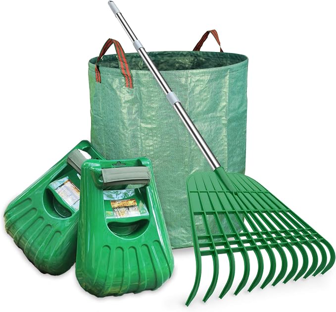 Gardzen Plastic Large Leaf Scoop & 12 Tines Gardening Leaf Rake Set, Comes with 72 Gallon Garden Bag