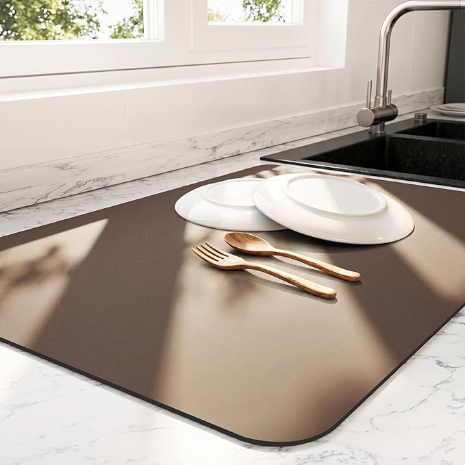 Ecotrim - Dish Drying Mat for Kitchen Counter | Coffee Bar Mat for Countertops | Heat Resistant Drainer Mat with Non-slip Rubber Backed | Hide Stain Kitchen Absorbent Draining Mat | Brown 16"x24"