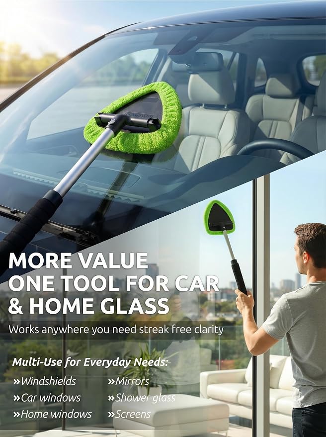 TAKAVU Window & Windshield Cleaner, Extendable, 3 Microfiber Pads (Green) | Pivoting Triangle Head Wiper Cleans Interior & Exterior Glass, 3 Washable Reusable Bonnets, Lint-Free