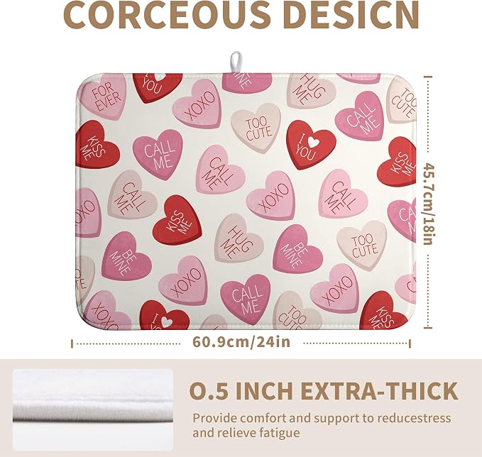 Valentine Love Heart Dish Drying Mat for Kitchen Counter 18x24 Inch Valentines Day Dish Mats Absorbent Microfiber Dish Draining Mat Reversible Dish Drying Rack Mat with Hanging Loop