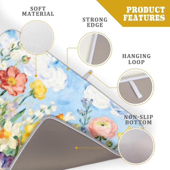 Spring Floral Dish Drying Mat for Kitchen Counter 18x24 Yellow Pink Narcissus Flower Seasonal Themed Summer Absorbent Reversible Microfiber Drying Mats Kitchen Countertop Protector Dishes Drainer Pad