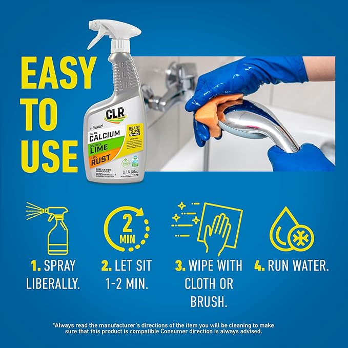 CLR Brands® Lime & Rust Remover, Blasts Calcium, Dissolves Lime, Zaps Stubborn Rust Stains and Hard Water, 22 Ounce Spray Bottle (Pack of 1)