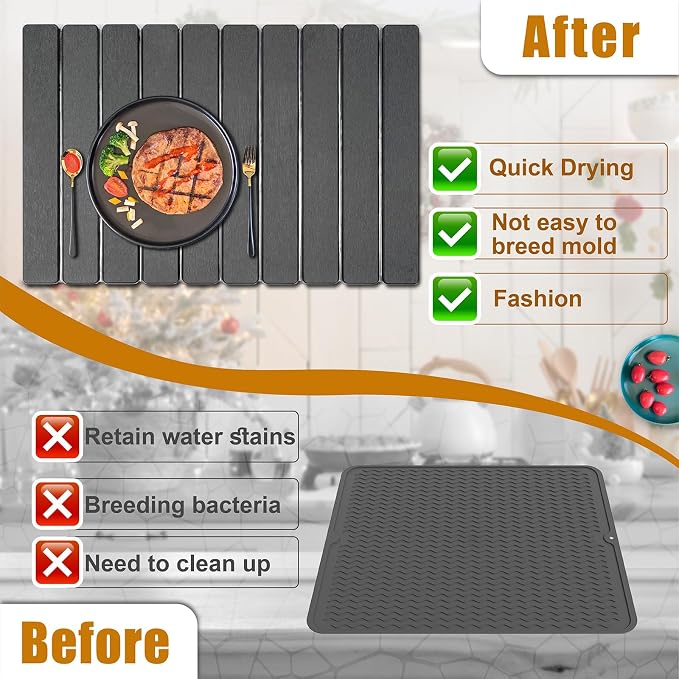 Large Stone Dish Drying Mat for Kitchen Counter, 24"×16" Quick Dry Collapsible Diatomaceous Earth Mat – Super Absorbent Foldable Drying Pad for Dishes (Dark Gray, 23.2" x 15.4")