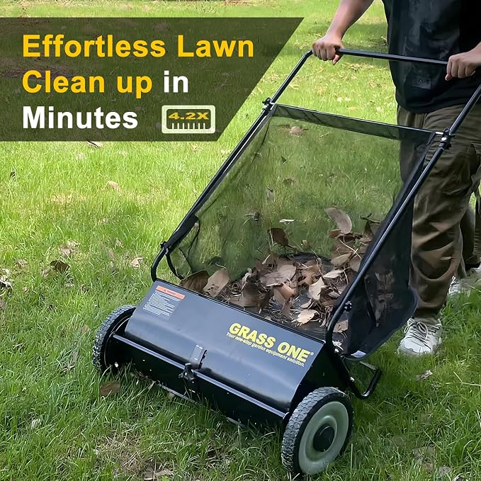 26 Inch Push Lawn Sweeper with 7 Cu.Ft Collection Bag | Yard Sweeper With 4 Spinning PP Brushes, Durable Steel Frame, Adjustable Height And Rubber Tires For Easy Yard Cleanup.