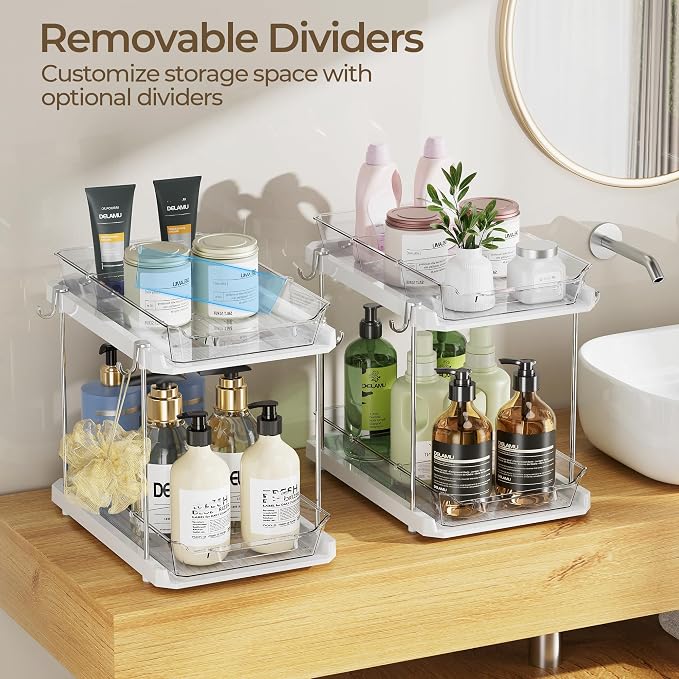 Delamu 2 Tier Under Sink Organizer Bathroom, Bathroom Cabinet Organizer with Snap-Lock Design and Hooks, Pull Out Storage with Movable Dividers, for Countertop, Kitchen and Pantry (White, 2 Pack)