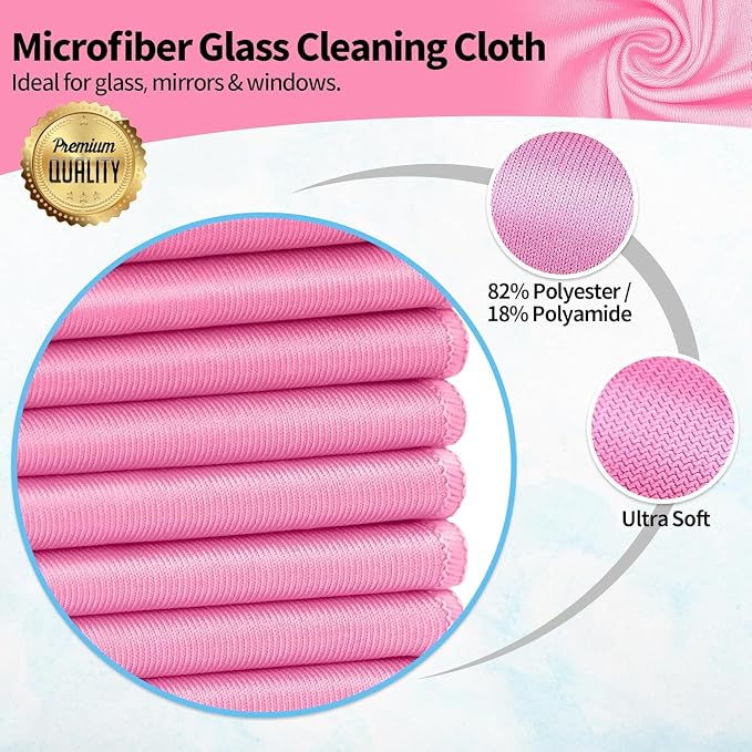 Microfiber Cleaning Cloth - 6 Pack Glasses Cleaning Cloth, 16" x 14" Window Cleaning Rags, Streak Free Lint Free Polishing Cloths Wipes for Eye Glass, Stainless Steel, Windshield, Pink
