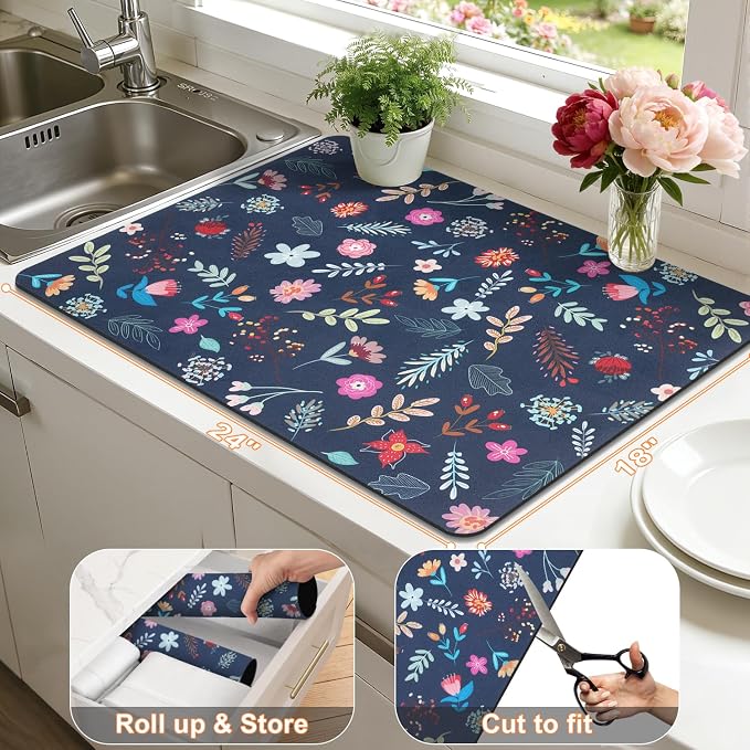 LOKHOM Dish Drying Mat for Kitchen Counter, 18"x24" Absorbent Coffee Bar Mat with Colorful Floral, Vintage Dish Drainer Rack Mat
