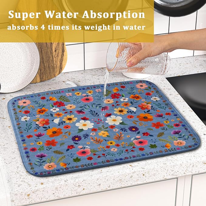 Lovely Flowers Dish Drying Mat - Blue Floral Kitchen Counter Microfiber Drying Pad 16 X 18 for Home Decor