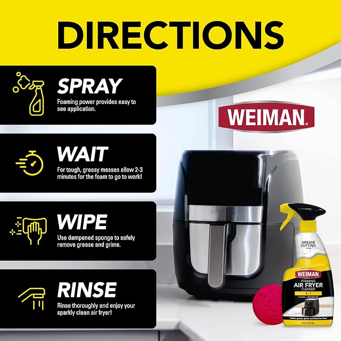 Weiman Foaming Air Fryer Cleaning Kit, Cleaner & Degreaser for Ceramic Baskets & Trays, Removes Grease, Grime, Oil & Baked-On Food, Includes Non-Abrasive Sponge, Fast-Acting, Residue-Free, 14 oz