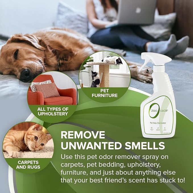 Zero Odor Pet Odor Eliminator, Air and Surface Odor Remover for Carpet, Furniture, and Pet Beds, Trigger Spray, 16 fl oz