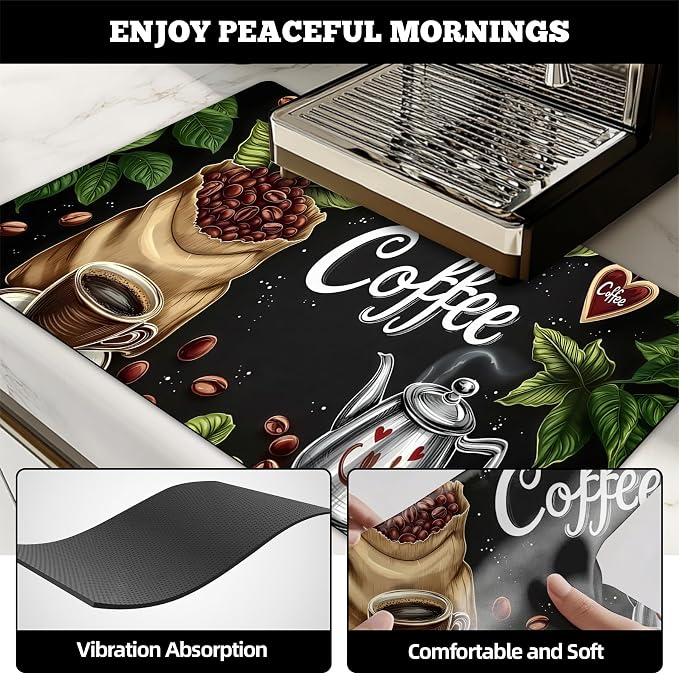 Dish Drying Mat Large Coffee Mat Absorbent Drying Mat for Kitchen Counter Coffee Bar Accessories 32"x 17", Coffee Leaves