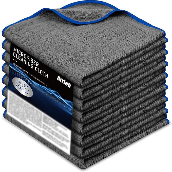 Airlab Glass Polishing Streak Free Miracle Cleaning Cloth, Grey-Navy Blue | Lint Free Microfiber Cleaning Rags for Glasses Kitchen Dish Mirrors Easy Clean, 16 x 16 Inches, Pack of 8