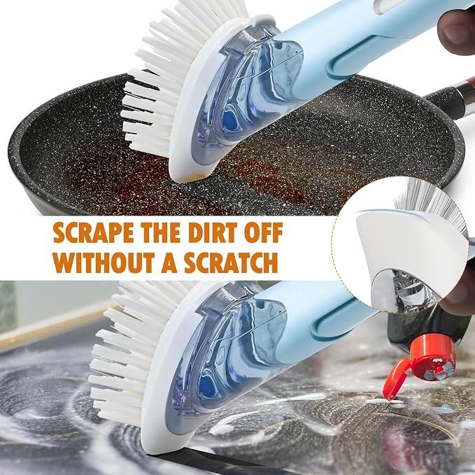 RIMAY Dish Brush with Soap Dispenser Dish Washing Brush with Handle | Soap Dispensing Dish Brush, Soap Brush for Kitchen Sink, Dish Wand Kitchen Brushes for Dishes/Pans/Pots/Sink (Blue)