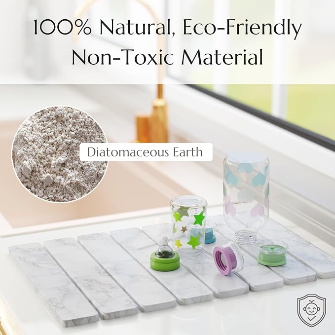 CHROME CLUB Stone Drying Mat for Kitchen Counter - Collapsible Diatomaceous Earth Dish Drying Stone - Fast Absorbent Stone Dish Drying Mat for Dishes and Pots (White Marble)