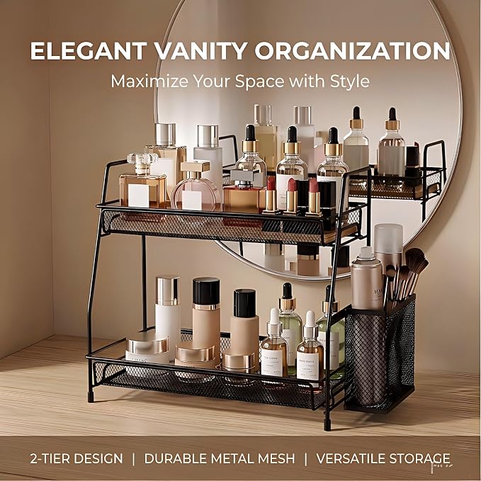LEMIKKLE 2-Tier Bathroom Countertop Organizer,Skincare, Makeup Countertop Organizers, Kitchen, Bathroom Counter Storage with Small Basket (Black)