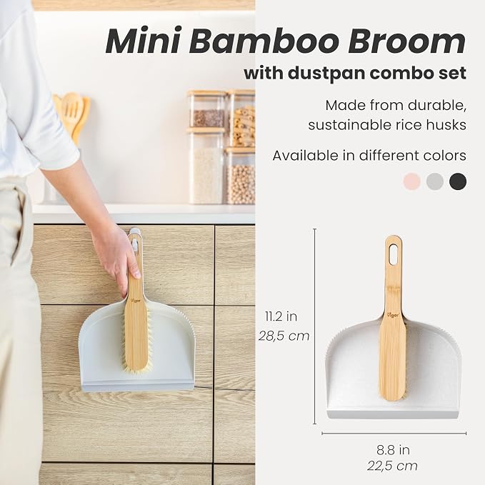 Vigar Zeroline Mini Bamboo Broom with Dustpan Combo Set, Gray | Small Dust Pan and Brush Set, For Dust, Pet Hair, Car and Crumbs, House and Kitchen Cleaning, Bamboo Broom