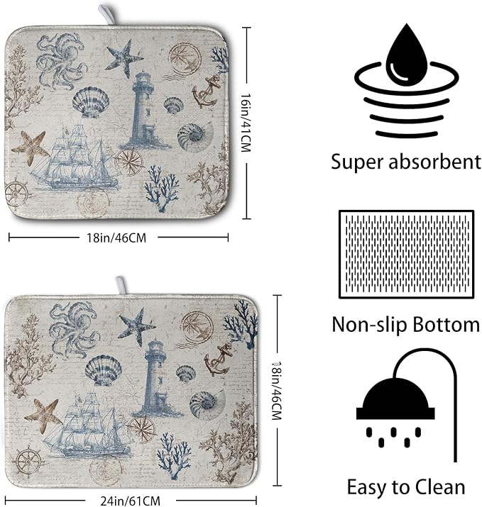 Nautical Coastal Dish Drying Mat for Kitchen Counter Summer Ocean Sailboat Starfish Seashell Absorbent Microfiber Dish Mat Reusable Washable Dish Drainer Rack Mat 16x18 Inch