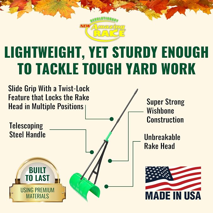 Back Saving Garden Rake ― Leaf Rakes for Gardening ― Leaf Picker Upper ― Heavy Duty Leaves Claw & Rakes Lawns Garden Tool ― Easy Leaf & Grass Grabber Without Bending Over ― Green