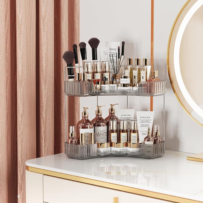 Asayuee 2-Tier Corner Bathroom Counter Organizer with Top Toothbrush Holders,Large Makeup Organizer Countertop with Brush Holder,Skincare Organizers Corner,Exquisite Vanity Organizer (Gray, 2 Tier)