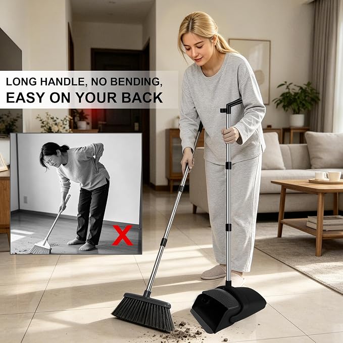 Broom and Dustpan Set with Long Handle, 51" Upright Broom & 39" Dustpan Combo, Pet Hair Rubber Lip Dustpan with Built-in Comb, Standing Dust Pan Set for Home Kitchen Office Indoor Use