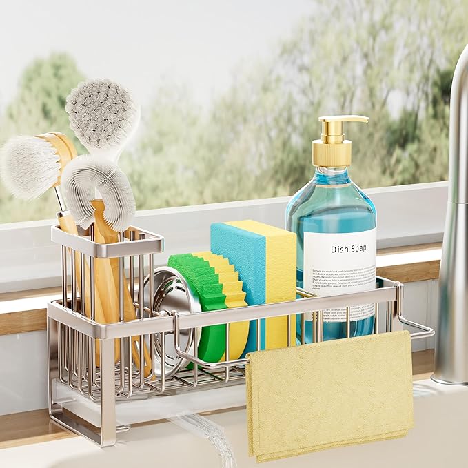 SWTYMIKI Sponge Holder for Kitchen Sink - Sink Caddy with Brush Holder Self-draining Sponge Caddy Organizer with Divider Stainless Steel Kitchen Accessories Storage for Countertop, Sand Nickel