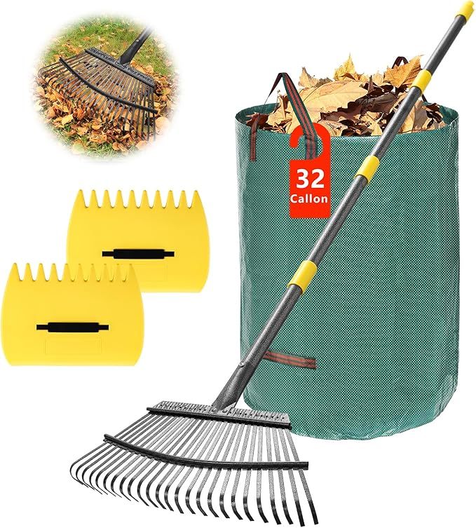 Rake for Leaves - 25 Tines Heavy Duty Metal Rake Set with Leaf Scoops & Collector Bag, Adjustable Rakes for Lawns, 3-in-1 Leaf Collection Tool for Efficient Yard Pine Needle Grass Cleanup 5FT