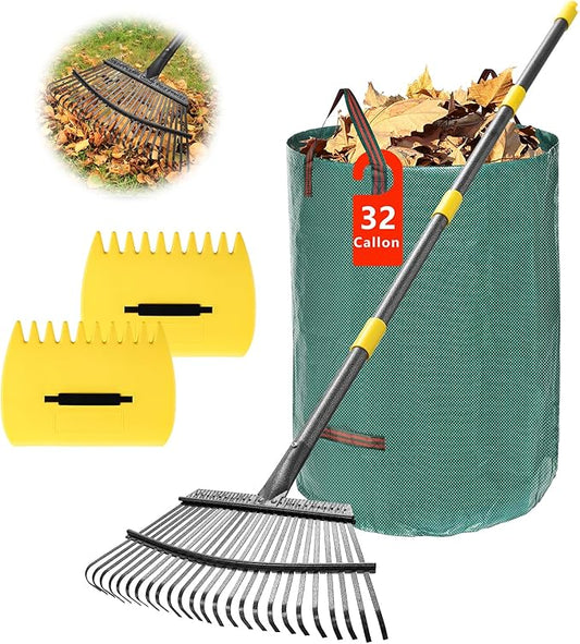 Rake for Leaves - 25 Tines Heavy Duty Metal Rake Set with Leaf Scoops & Collector Bag, Adjustable Rakes for Lawns, 3-in-1 Leaf Collection Tool for Efficient Yard Pine Needle Grass Cleanup 5FT